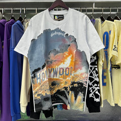 Godspeed t Shirts Los Angeles Hollywood Hills Fire Print Cotton Casual Short Sleeve Men and Women