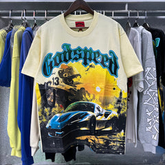 Godspeed t Shirts Racing Sunset Print Cotton Crew Neck Short Sleeve Men and Women