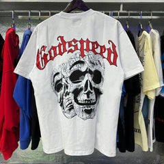 Godspeed T Shirts Double Sided Skull Face Printed Cotton Casual Short Sleeve Men and Women