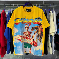 Godspeed T Shirts Beach Skull Surfboard Print Cotton Casual Short Sleeve Men and Women