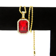 Jewelry Hip Hop Diamond Square Red Treasure Pendant Necklace Spectrum