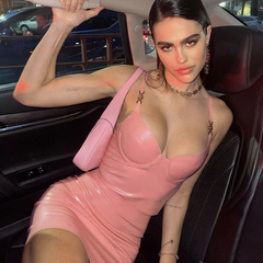 Emily Ratajkowski Dress PU Leather Slip Dress Two-Piece Set