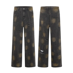 American Men Jeans Vintage Wear Tie-dye Washed Denim Trousers