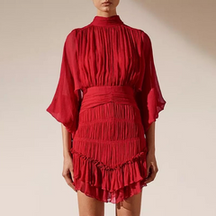 Mariah Carey Dress Stand-up Collar Puff Sleeve Leopard Print Mini Dress Waist Dress