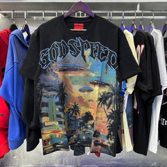 Godspeed T Shirts Urban UFO Printing Cotton Casual Short Sleeve Men and Women