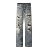 American Men Jeans Vintage Ripped Splicing Washed Old Wide Leg Jeans