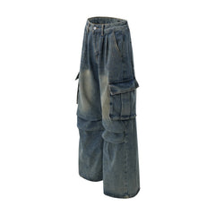American Men Jeans Washed Old Multi-Pocket Denim Pants