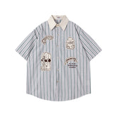 Ellie Seattle Shirt Vintage College Style Cartoon Embroidered Striped Short Sleeve Shirt