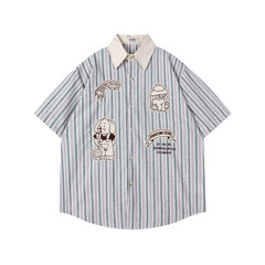 Ellie Seattle Shirt Vintage College Style Cartoon Embroidered Striped Short Sleeve Shirt