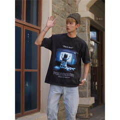 Film Star T Shirt Pure Cotton Loose Short Sleeve Retro Trendy round Neck Loose T-shirt for Men