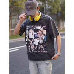 Film Star T Shirt Kelly Oubre Printed T-shirt Short Sleeve Loose Retro Pure Cotton Washed Distressed