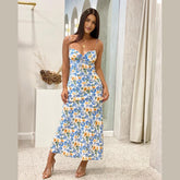 Mariah Carey Dress Backless Sexy Daisy Print Bow Suspenders Dress