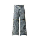 American Mens Jeans Retro Multi-Pocket Straight Pants