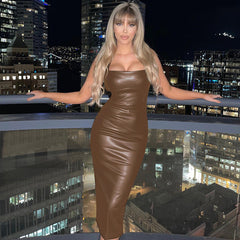 Emily Ratajkowski Dress Slim-Fit Leather Vest Long Dress Suspender Dress