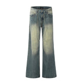 American Mens Jeans retro gradual change blue jeans cleanfit straight loose wide-leg trousers