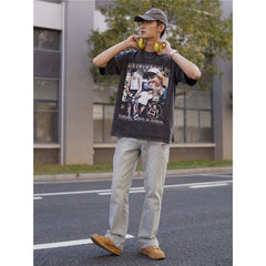 Film Star T Shirt Kelly Oubre Printed T-shirt Short Sleeve Loose Retro Pure Cotton Washed Distressed