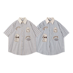 Ellie Seattle Shirt Vintage College Style Cartoon Embroidered Striped Short Sleeve Shirt