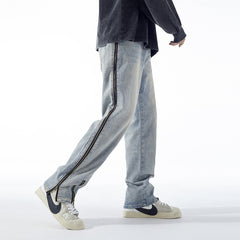 American Men Jeans Zipper Split Jeans Retro Old Loose Straight Pants