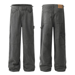 American Men Jeans Vintage Washed Overalls Zipper Pockets Straight Casual Pants