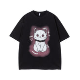 Camisas Vintage Hombre Cat Embroidery Crew Neck Short Sleeve T-Shirt
