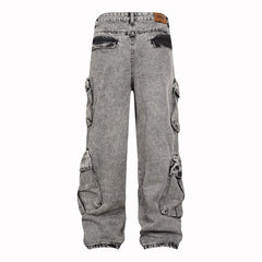 American Mens Jeans Washed Old Multi-Pocket Jeans