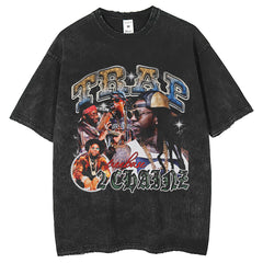 Men T Shirts Printed T-Shirt Washing Water Loose Retro Style Crew Neck Old