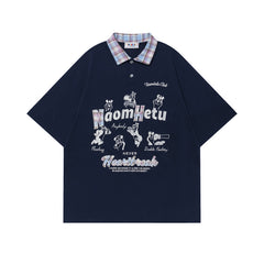 Ellie Seattle Shirt Cartoon Lapel Patchwork Polo Shirt