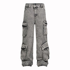 American Mens Jeans Washed Old Multi-Pocket Jeans