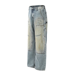 American Men Jeans Ripped Old Dirty Denim Micro Flared Pants Washed Wide Feet Pants