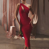 Emily Ratajkowski Dress Mesh Shoulder Hollow Steel Ring Pleated Backless Dress