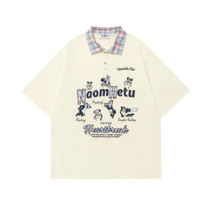 Ellie Seattle Shirt Cartoon Lapel Patchwork Polo Shirt