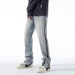 American Men Jeans Zipper Split Jeans Retro Old Loose Straight Pants