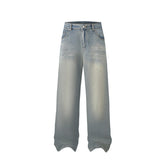 American Men Jeans Vintage Wave Tie-Dye Wash Old Straight Jeans