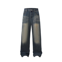 American Men Jeans Vintage Wave Tie-Dye Wash Old Straight Jeans