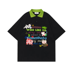 Ellie Seattle Shirt Vintage Cartoon Lapel Splicing Embroidered Polo Shirt