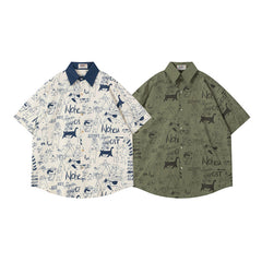 Ellie Seattle Shirt Vintage Cartoon Button Lapel Splicing Embroidered Polo Shirt