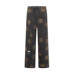 American Men Jeans Vintage Wear Tie-dye Washed Denim Trousers