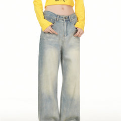 American Men Jeans Vintage Wave Tie-Dye Wash Old Straight Jeans