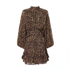 Mariah Carey Dress Stand-up Collar Puff Sleeve Leopard Print Mini Dress Waist Dress