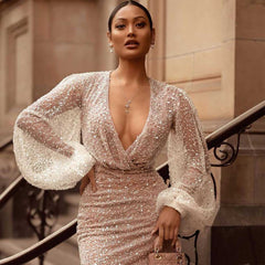 Mariah Carey Dress Pleated Sexy Slim Crystal-Studded Sequins Dress