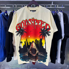 Godspeed T Shirts Urban Coconut Shark Print Cotton Casual Short Sleeve Men and Women