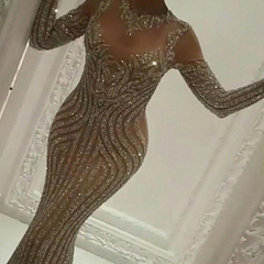 Mariah Carey See through Dress Bronzing Long Sleeve Slim Sexy Dress Evening Dress