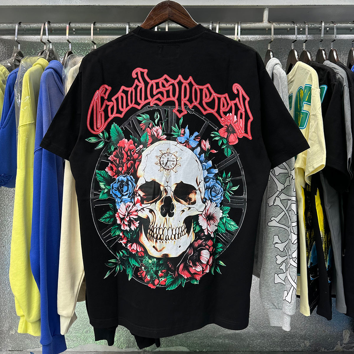 Godspeed T Shirts Skull Rose Clock Plate Double Yarn Cotton Casual Short Sleeve Men and Women