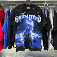 Godspeed T Shirts Space Astronaut Earth Print Cotton Short Sleeve Men and Women