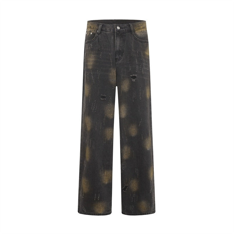 American Men Jeans Vintage Wear Tie-dye Washed Denim Trousers