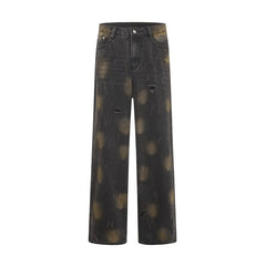 American Men Jeans Vintage Wear Tie-dye Washed Denim Trousers