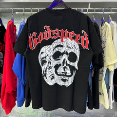 Godspeed T Shirts Double Sided Skull Face Printed Cotton Casual Short Sleeve Men and Women
