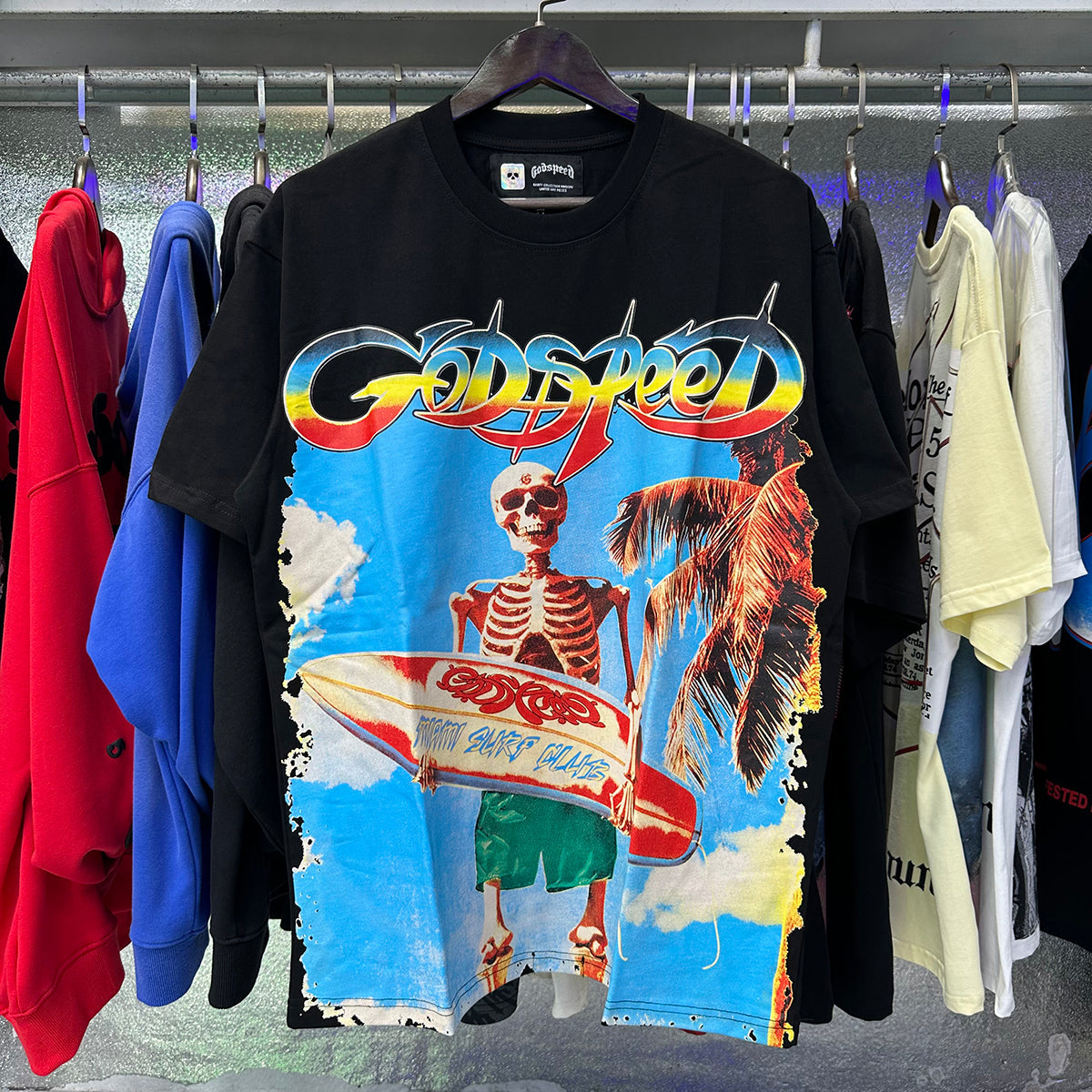 Godspeed T Shirts Beach Skull Surfboard Print Cotton Casual Short Sleeve Men and Women