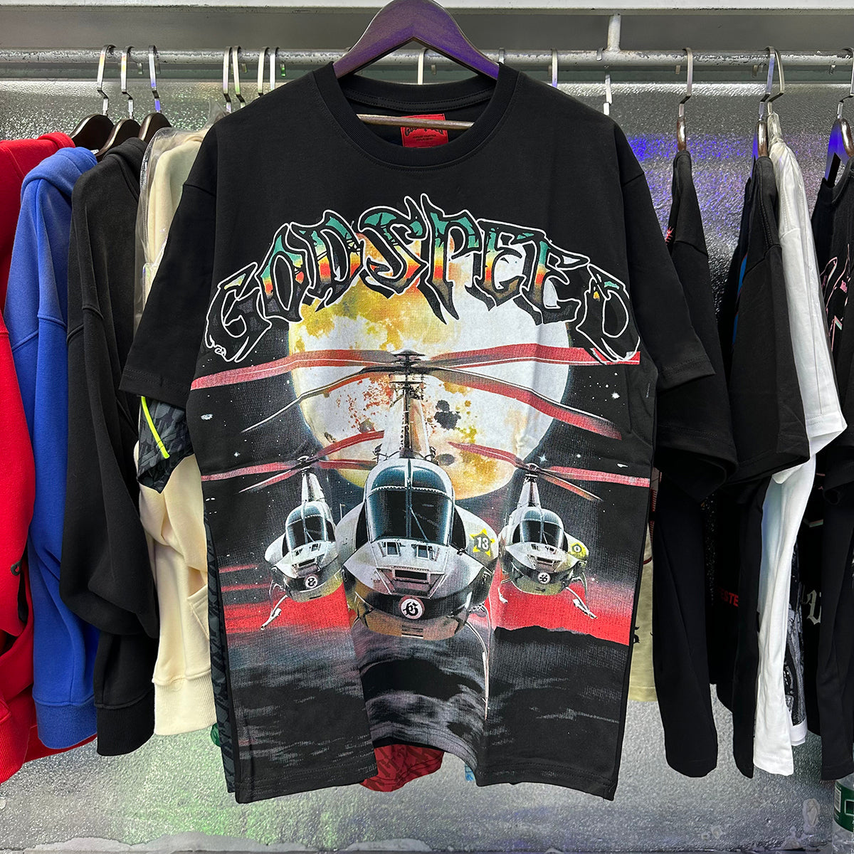 Godspeed T Shirts Helicopter Printing Cotton Casual Short Sleeves Men and Women