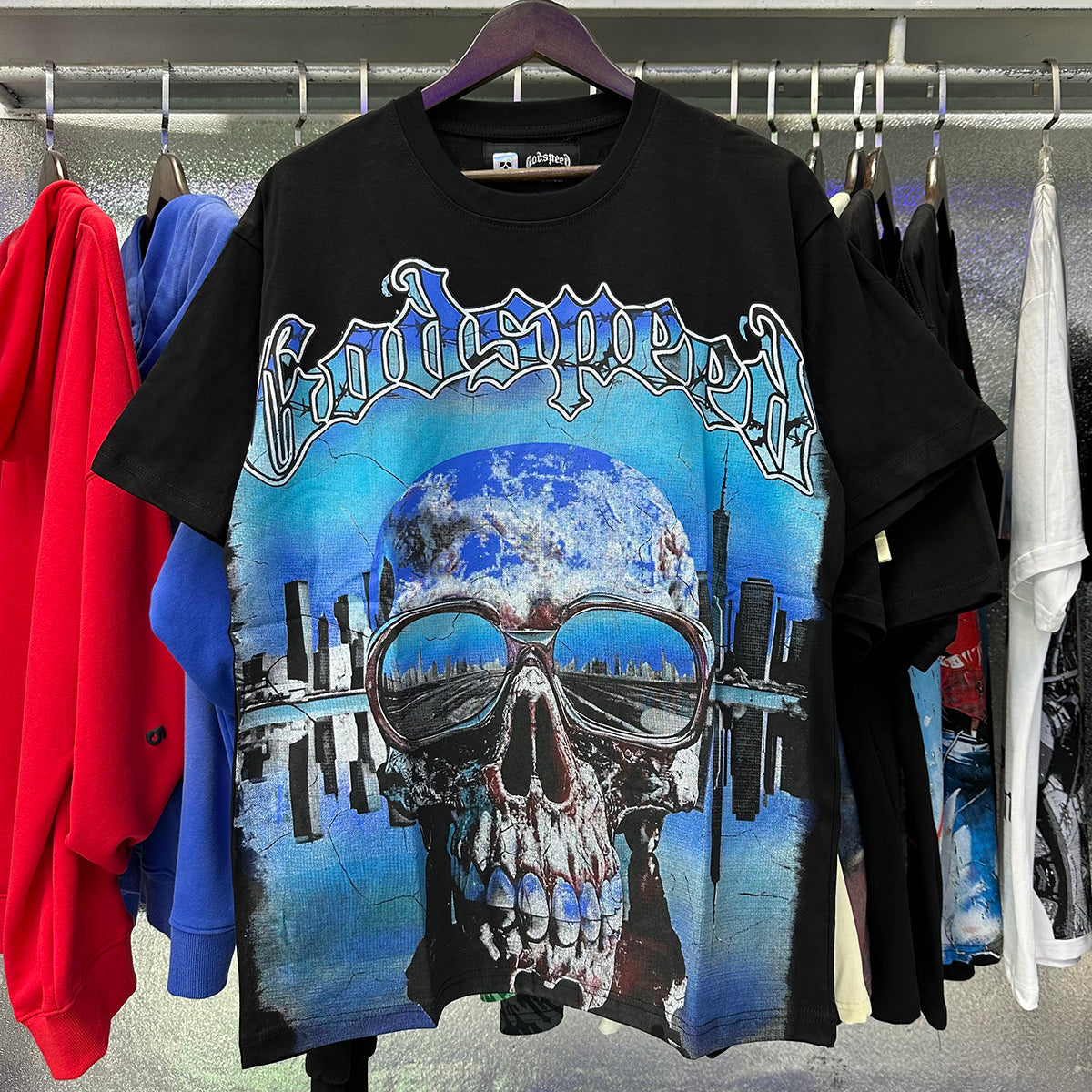 Godspeed T Shirts Skull City Reflection Print Cotton Casual Short Sleeve Men and Women